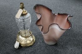 A cut glass and brass table lamp and a glass envelope vase