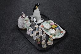 A tray of assorted continental figures, a Beswick Beatrix Potter figure 