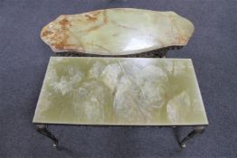 A shaped onyx coffee table on a brass base together with an onyx effect coffee table on a brass