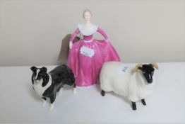 A Coalport figure - Joanne and two Beswick figures - sheep dog and ram