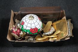 A box of wall clock, ornate mantel clock, Tiffany style table lamp, metal ware,