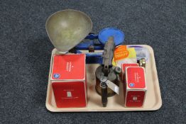 A vintage brass blow lamp together with a boxed Patterson dark room lamp,