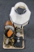A brass and china table lamp together with a Smiths mantel clock, hip flask,