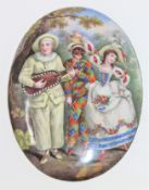 A fine 19th century enamelled oval plaque depicting figures in 18th century dress,