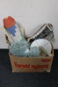 A box containing standard lamp and lamp shades together with five assorted rugs and a wall hanging
