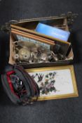 A box containing assorted plated wares, brass ware, framed cigarette cards,