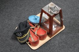 A tray of circular brass Secc ship's style clock, Captain's cap,