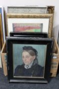 A box containing nine framed continental school pictures and prints including oil on canvas