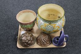 A tray of antique pottery Burmantofts Faience pattern 2096 planter,