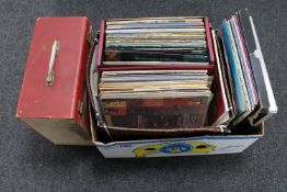 A box and a case of LP records, mainly pop and rock including The Beatles, Rolling stones,