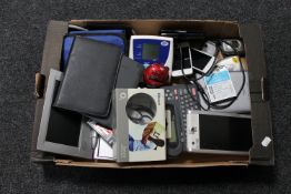 A box of electricals : mobile DVR, assorted mobile phones,