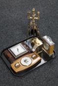 A tray of brass companion set, Art Deco precision barometer,
