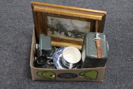 A box containing gilt framed print, Parisian street scene,