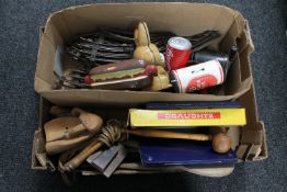 A box of railway track, vintage skipping rope, novelty radios,