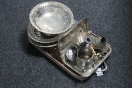 An antique twin gallery serving tray on paw feet, plated wares : entree dishes, tankard,