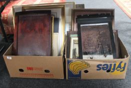 Two boxes of pictures, prints, menu mirror,