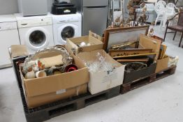 Two pallets of glass ware, china, ornaments, metal ware,