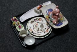 A tray of Maling dish, Wade money box, Beleek pot, Masons plate,