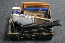 Box of Philips headphones, two folding music stands, picture frames, universal remote,