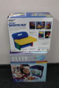 A boxed Elite Cool 21 goldfish aquarium set and a boxed booster seat