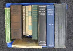 A box of ten volumes mainly shipping, Norie's Nautical Tables, American Practical Navigator,