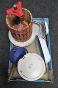 A box of wood and enamel kitchen press, enamel flour bin, dishes,