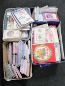 Four boxes containing a large quantity of greetings cards