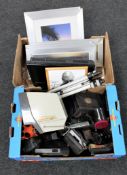 Two boxes of cameras, camera accessories, 19