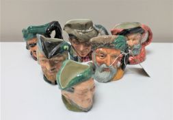 Six small Royal Doulton character jugs - Falstaff, The Poacher, Robin Hood, Robinson Crusoe,