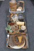 Four boxes of flower arranging items and wicker baskets