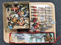 A tray of mid twentieth century lead figures including Royal Guards with artillery gun,