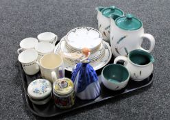 A tray of Denby Greenwheat pottery, Foley part coffee set,