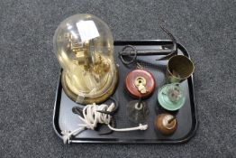 A tray of anniversary clock under dome, two miniature cast iron anchors,