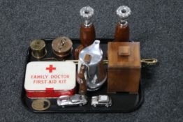 A tray of pair of wooden candlesticks, Mini Cooper china salt and pepper pot,