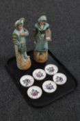 A tray of pair of continental bisque figures and set of six Royal Worcester hand painted china
