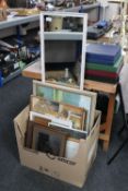 A box of assorted framed pictures, two mirrors,