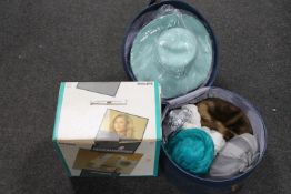 A boxed Philips Hood hair dryer together with a hat box of lady's hats