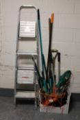 Two sets of folding steps, Black & Decker hedge trimmer, extension lead,