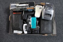 A box of cam corder, stereo audio mixer, multi band receiver,