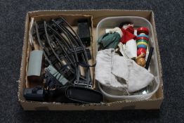 A box of cameras, tin plate train set, cigarette cards,