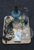 A tray of antique oil lamp with blue glass reservoir, glass vases, boxed domino's,