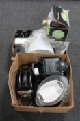 Two boxes of kitchenalia including TG Green milk jug, Tassimo coffee maker,