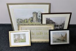 An antiquarian framed needlework together with three colour prints depicting stately home and