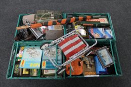 Three boxes of miscellaneous, books, Haynes car manual, chrome companion set, magazine rack,