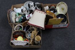 Three boxes of Staffordshire style dogs, wall plates, Geisha table lamp, musical tankard,