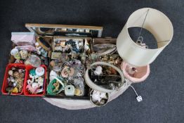 Three boxes of ornaments, figures, together with a framed mirror,