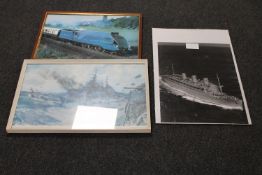 A framed photograph of a mallard at Malton 1986 together with two framed prints HMS Belfast