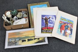 A box of Tiffany style table lamp, assorted china, vintage tins, car tax disc,