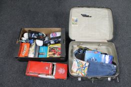 A box of mid 20th century tin plate car, vintage games, remote controlled mini cooper,