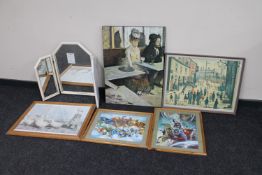 A triple dressing table mirror together with a framed marvel print,